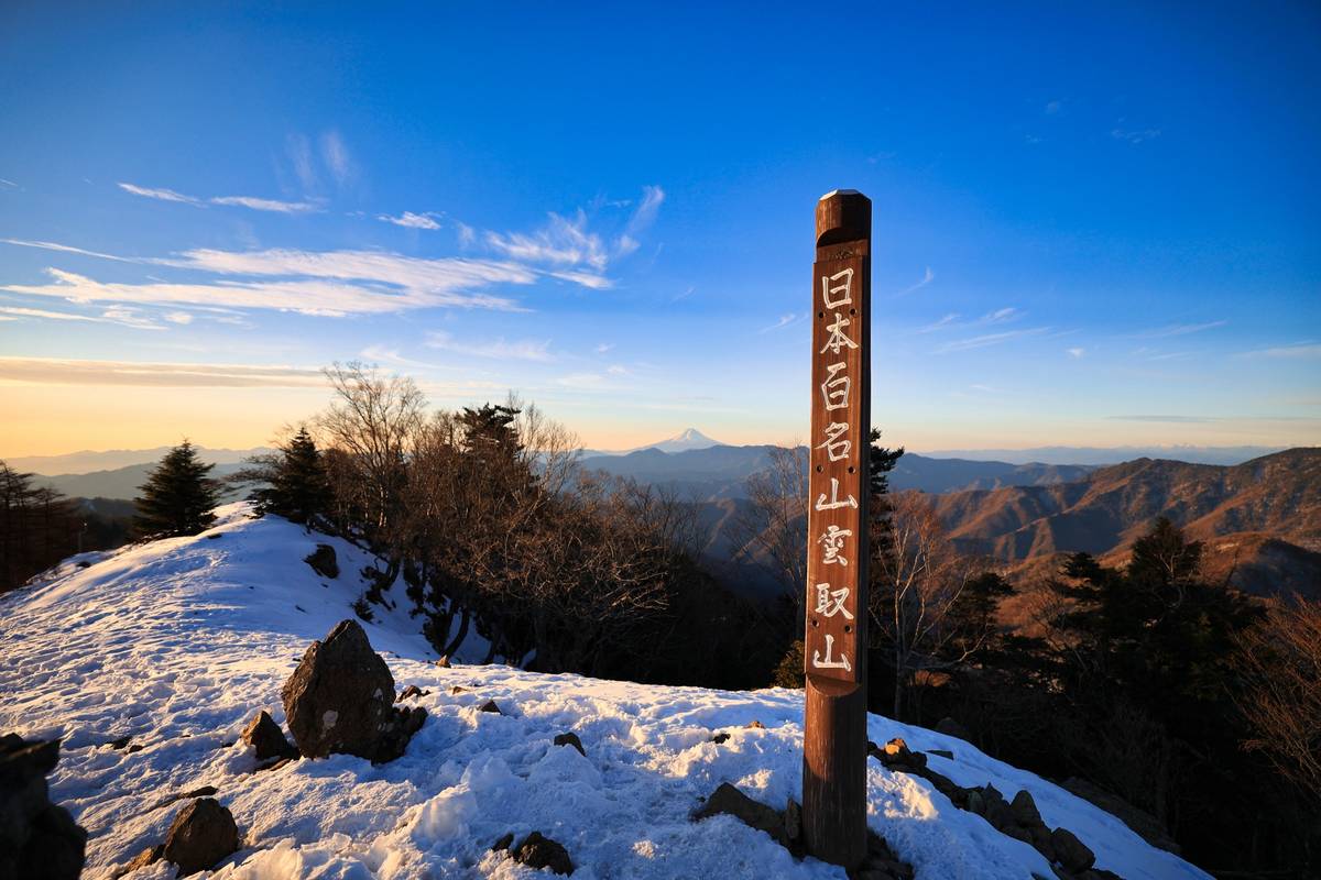 Snow-covered mountain peak with a wooden signpost in Japanese, distant mountains, and Mt. Fuji under a clear sky.