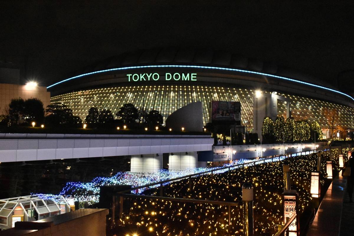 Tokyo Dome illuminated at night, with festive yellow and blue lights in the foreground.