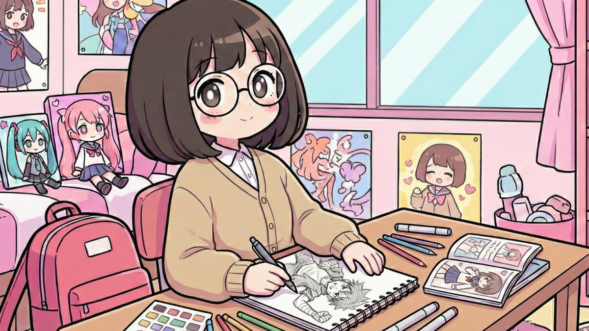 An anime girl with glasses draws in a sketchbook at a desk filled with art supplies, surrounded by anime posters