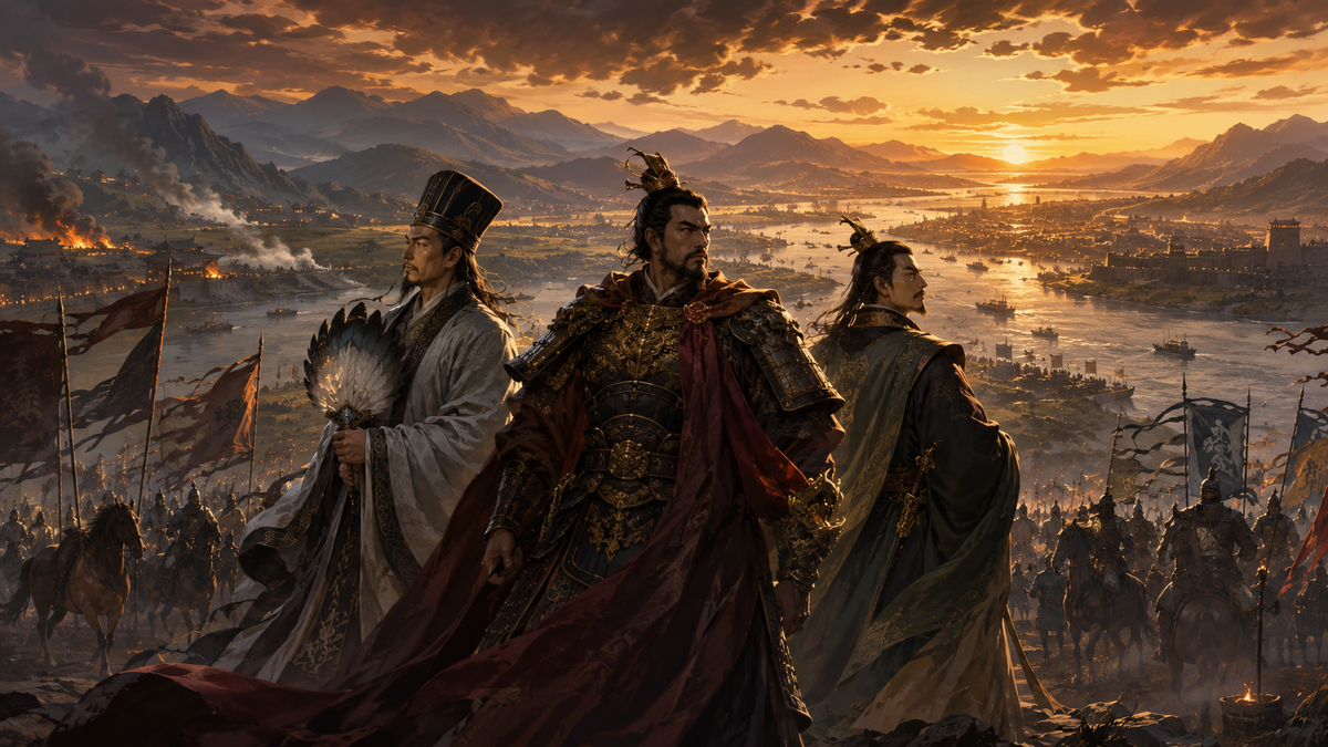 Three ancient Chinese leaders survey a panorama of a burning city, a river with many ships, and a vibrant sunset.