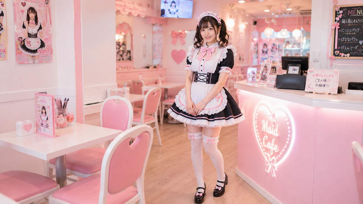 A smiling woman in a black and white maid outfit stands in a bright pink-themed cafe with a neon "Maid Cafe" sign.