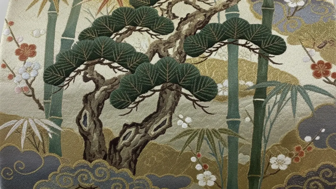 Embroidered textile with a pine tree, bamboo, and plum blossoms.