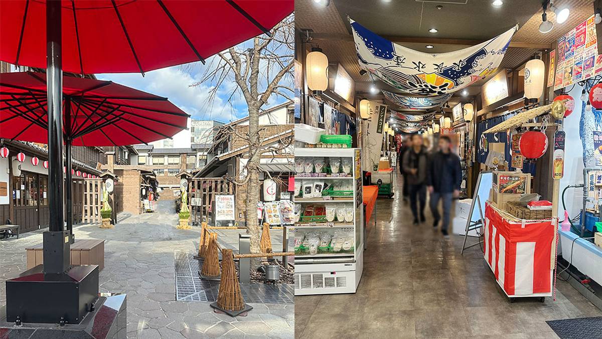 Outdoor street with red umbrellas on the left, and an indoor market with lanterns and shoppers on the right.