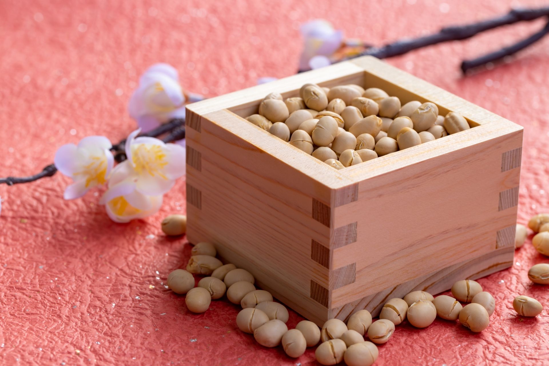 A wooden masu box overflowing with roasted soybeans, with a blossoming branch on a red textured surface.