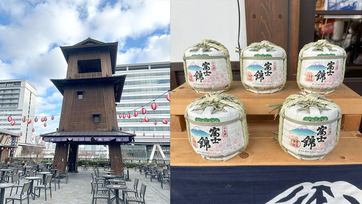Split image: a traditional Japanese wooden tower with outdoor seating and red lanterns