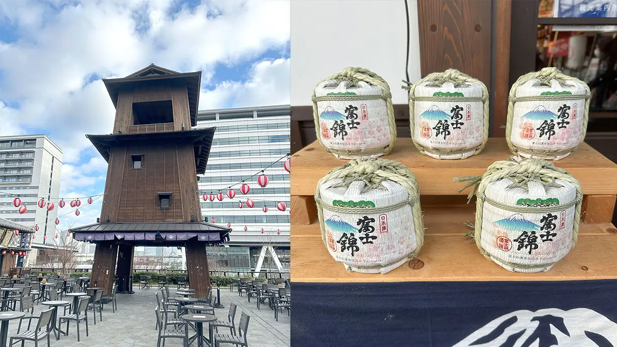 Split image: a traditional Japanese wooden tower with outdoor seating and red lanterns