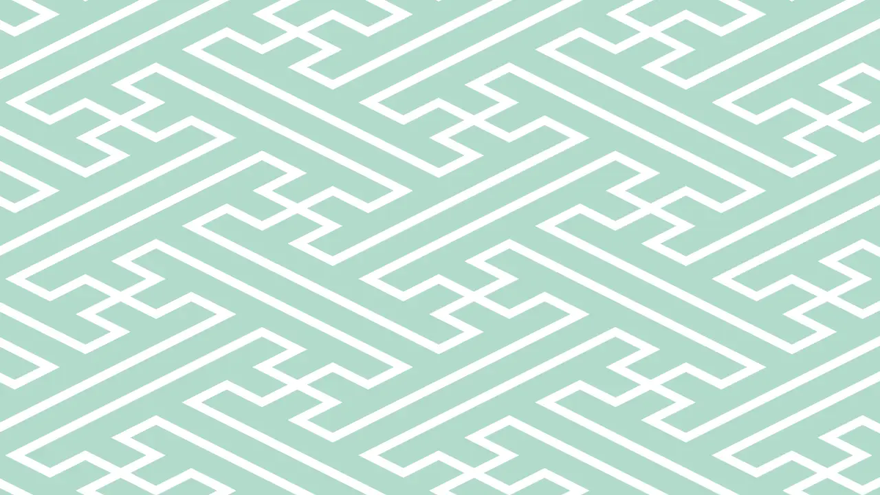 A repeating geometric pattern of white interlocking lines on a light teal background.