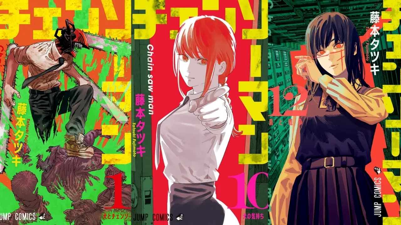 Three Chainsaw Man manga covers: Denji as Chainsaw Man (Vol 1), Makima (Vol 10), and Yoru (Vol 12).