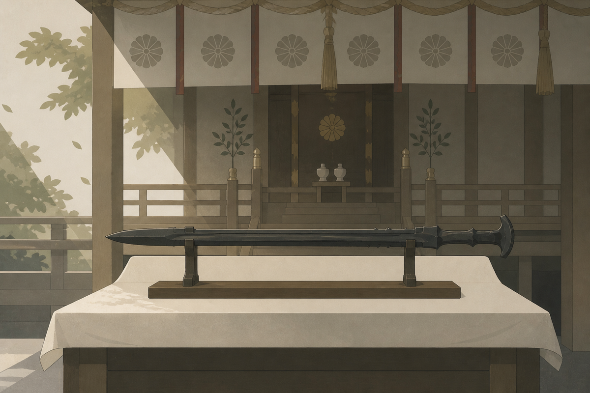 A dark, elongated sword on a display stand in a Japanese shrine.