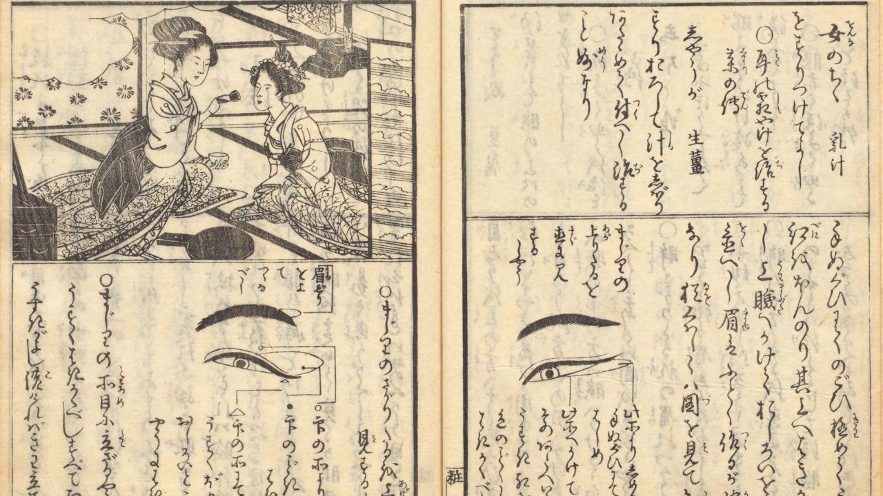 Japanese manuscript page with an illustration of a woman applying makeup to another, and diagrams for eye and eyebrow makeup.