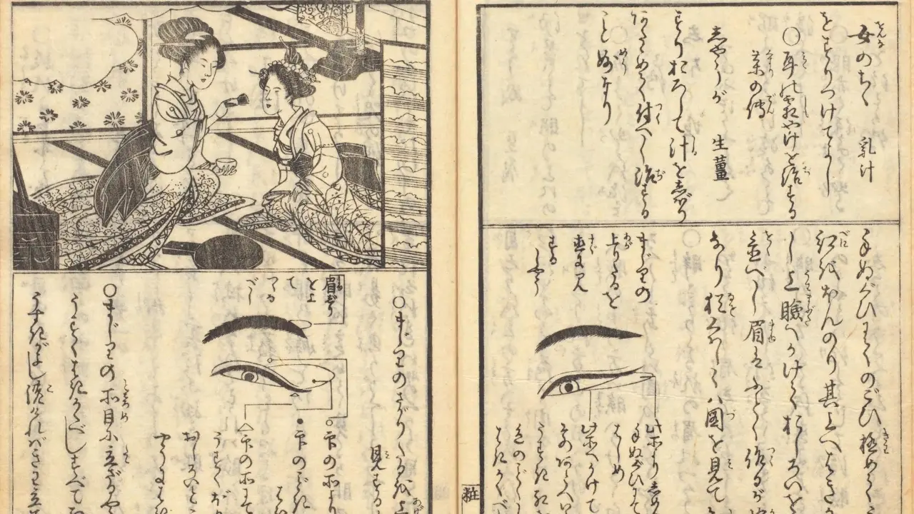 Japanese manuscript page with an illustration of a woman applying makeup to another, and diagrams for eye and eyebrow makeup.