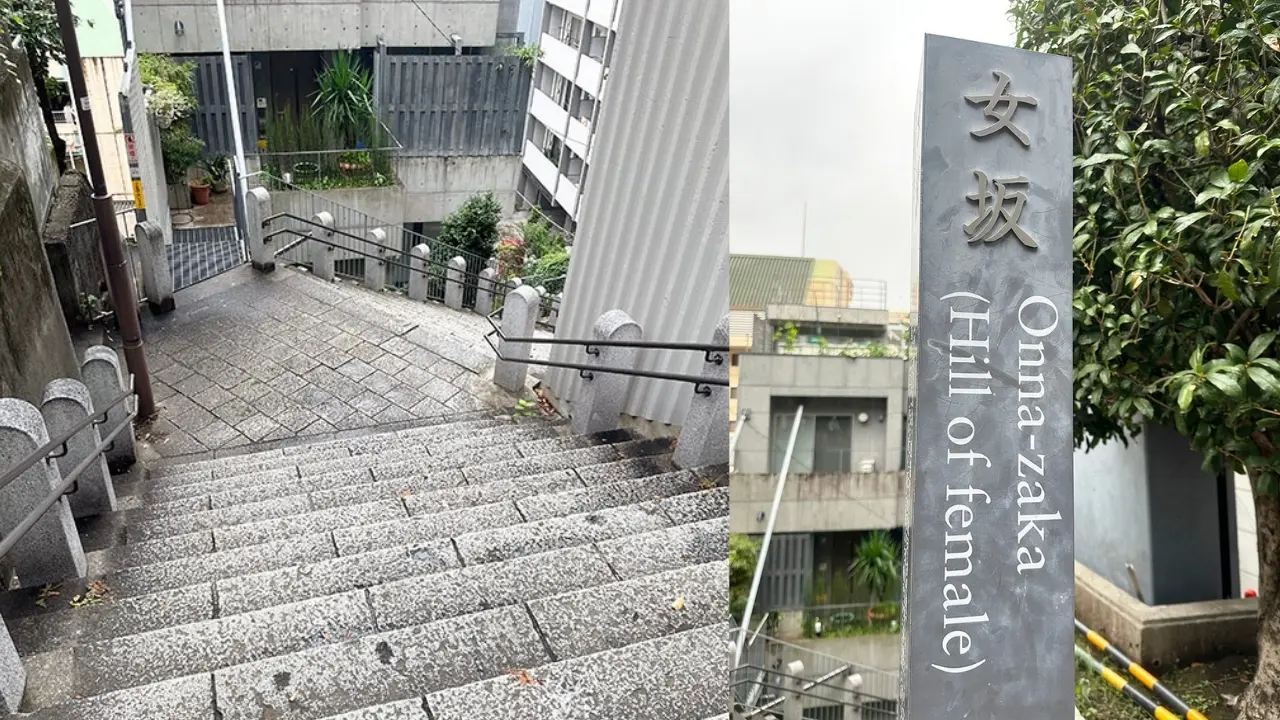 Stone steps descending in a city, alongside a sign for "Onna-zaka (Hill of female)".