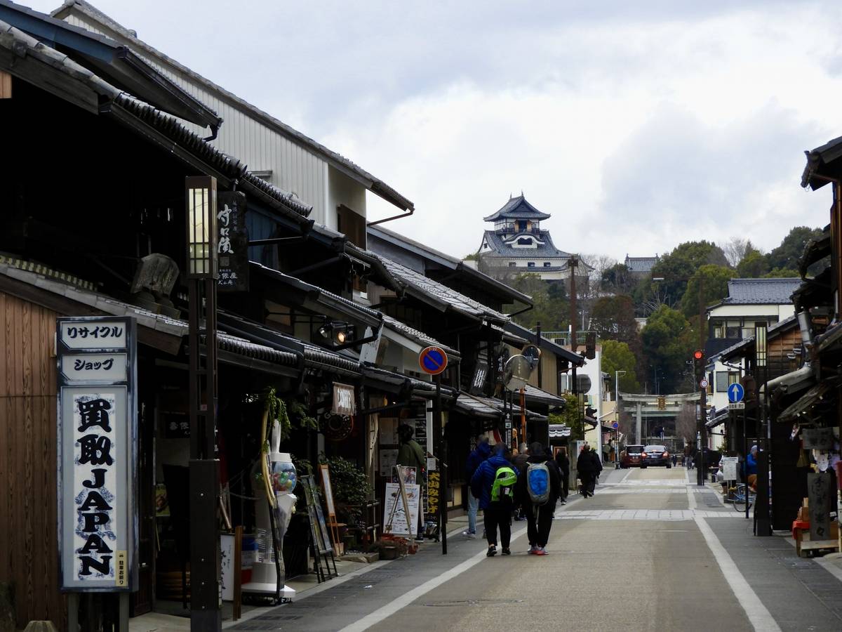 A street lined with traditional Japanese buildings, with a castle on a hill in the background.