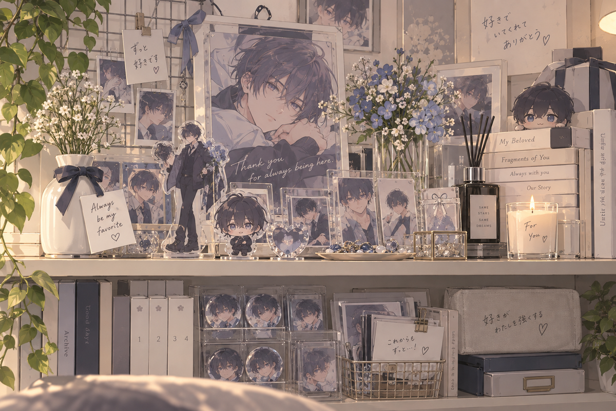 An aesthetic shelf display featuring various merchandise of a dark-haired male anime character, decorated with blue and white flowers, books, and candles.
