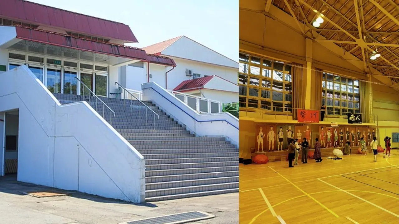 a staircase leading up to a building picture, next to a basketball court picture.