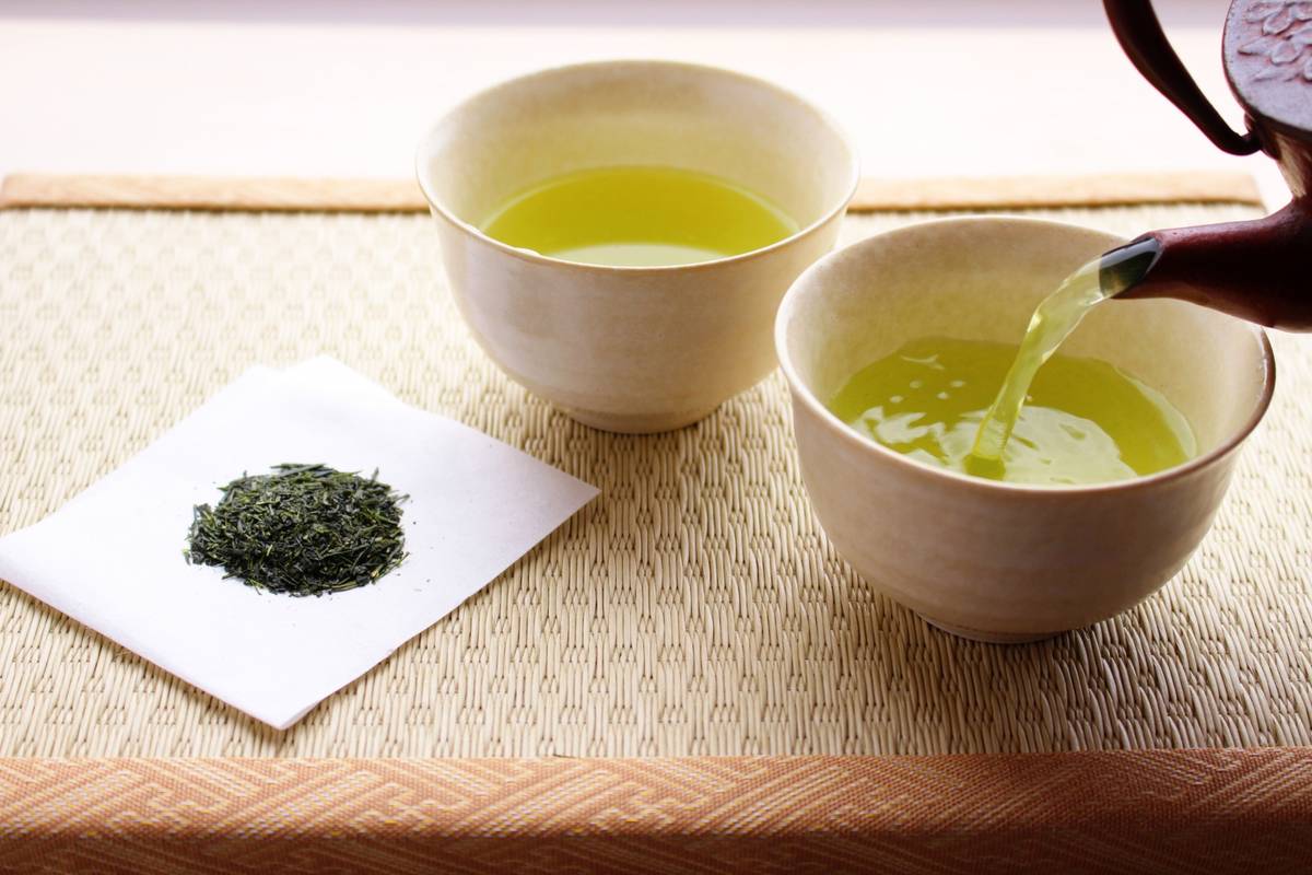 Cup of green tea on a wooden table