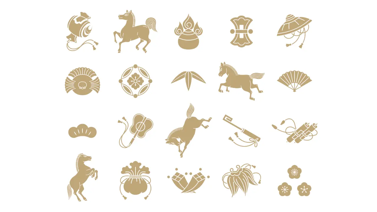 Golden traditional Japanese symbols including horses, fans, and floral motifs.