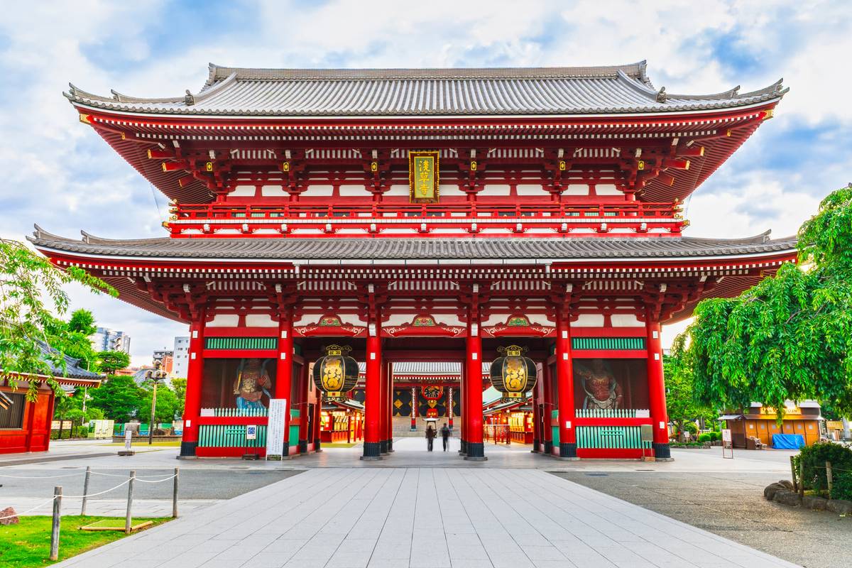 Red, multi-tiered Japanese temple gate with large lanterns.