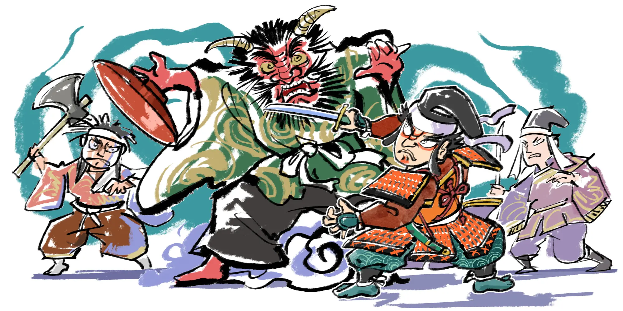 Cartoon illustration of a samurai and two warriors battling a red demon.