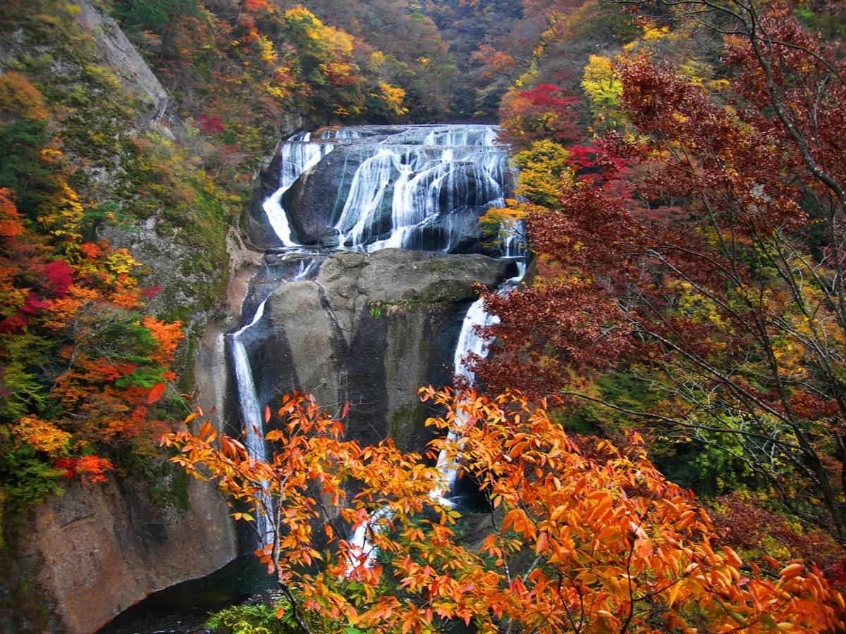 Multi-tiered waterfall cascades down a rocky cliff framed by vibrant autumn foliage.