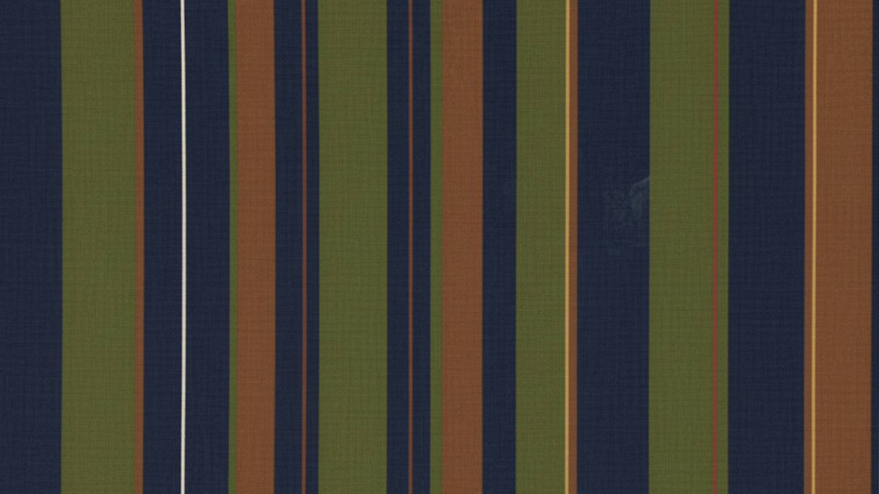 Vertical stripes in dark blue, olive green, and burnt orange, with thin white and light brown lines.
