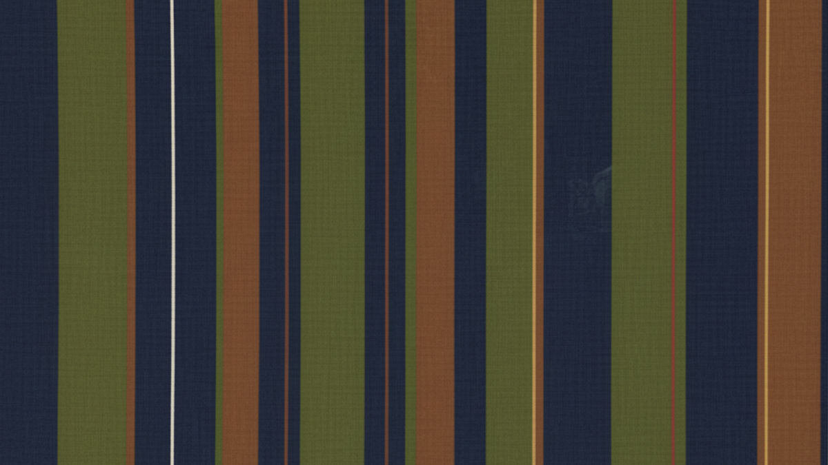Vertical stripes in dark blue, olive green, and burnt orange, with thin white and light brown lines.