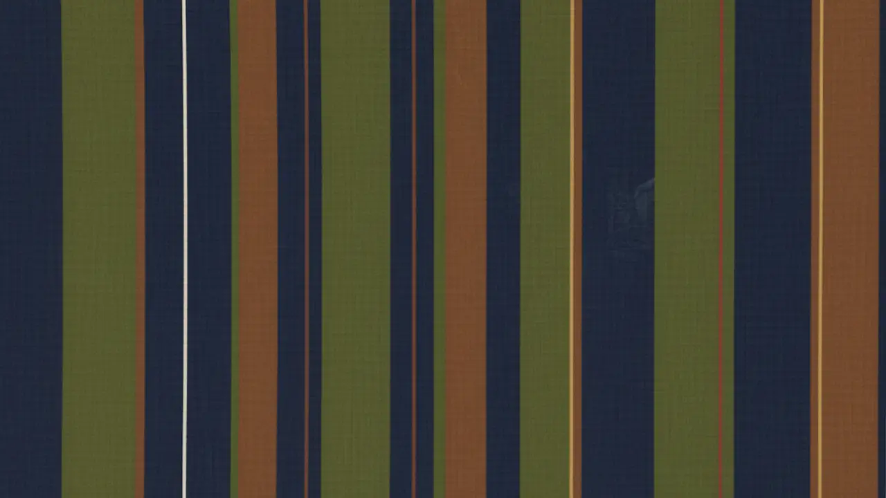 Vertical stripes in dark blue, olive green, and burnt orange, with thin white and light brown lines.