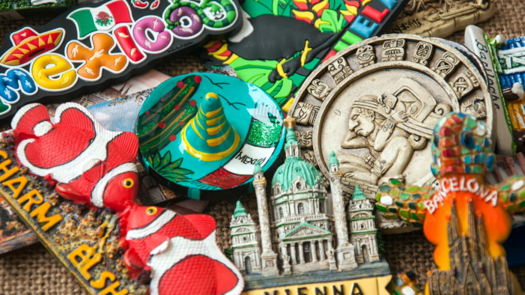 Fridge magnets reflecting travel destinations like Mexico and Vienna
