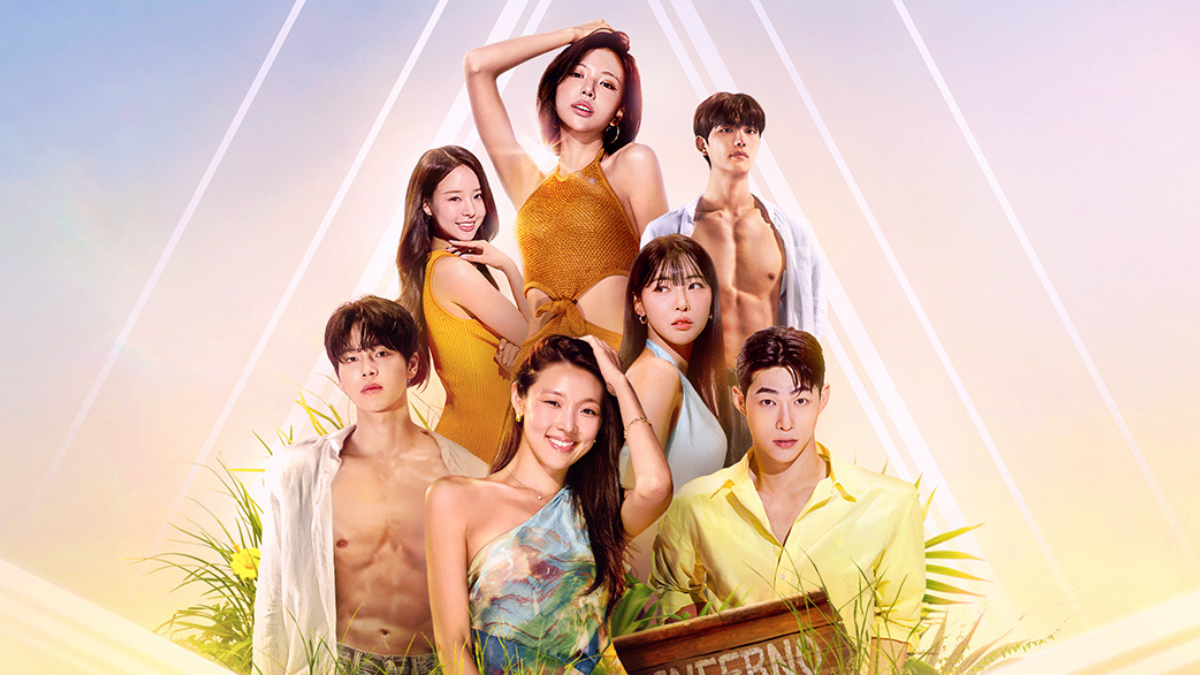 Single's Inferno Season 5 official cast lineup featuring seven attractive Korean contestants posing against a tropical sunset backdrop, highlighting Netflix's hit Korean dating reality show.