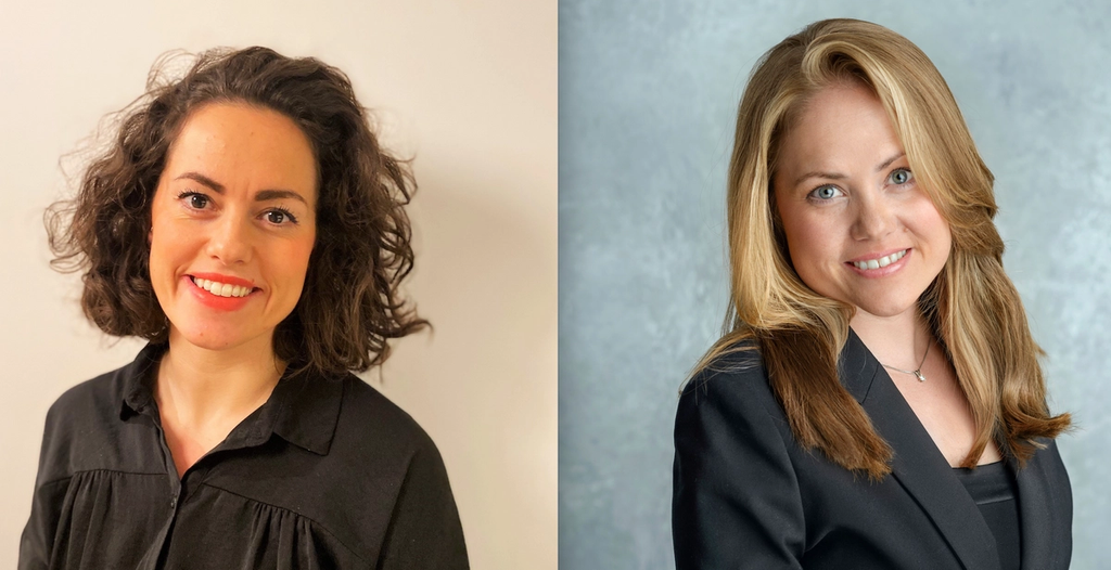 Fra venstre: Rebecca Halvorsen - leder for marked hos Brage Finans, og Ina Birgitte Larsson Solberg - styremedlem i Ung Eiendom Vest.