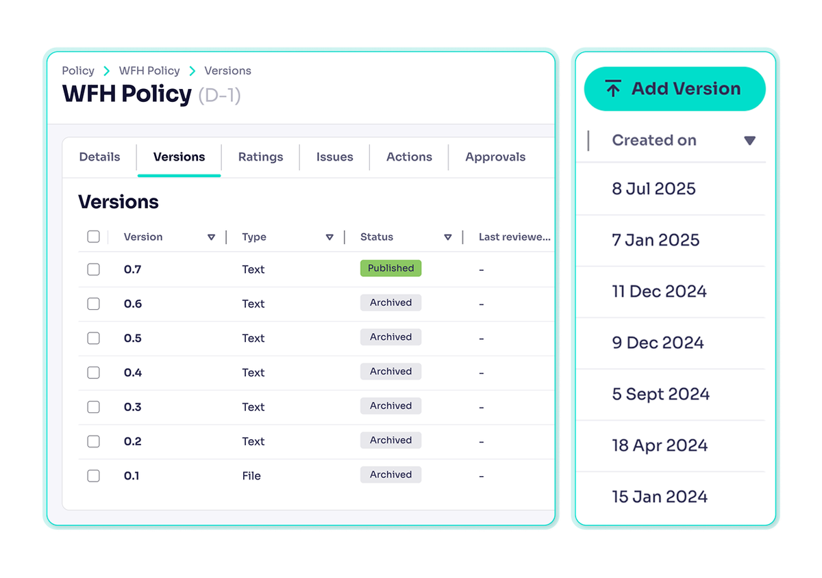 Versions of a policy within the platform