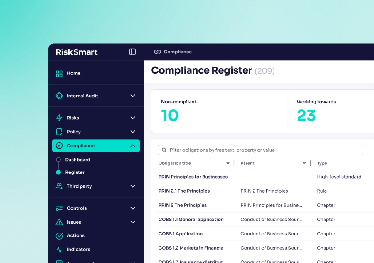 Compliance Register of RiskSmart platform