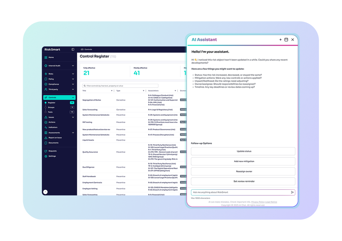 Control register with AI support feature within RiskSmart platform