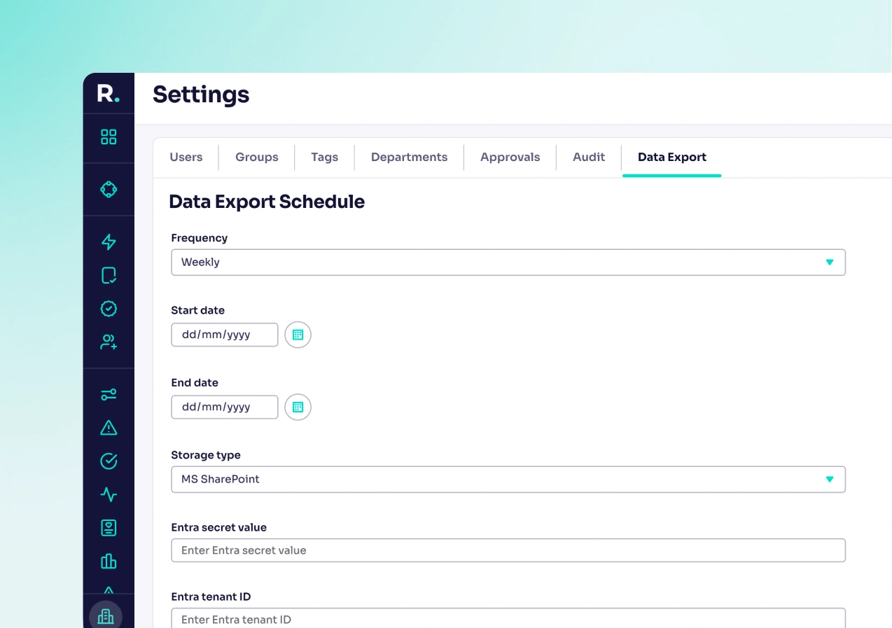 Data export tab of settings