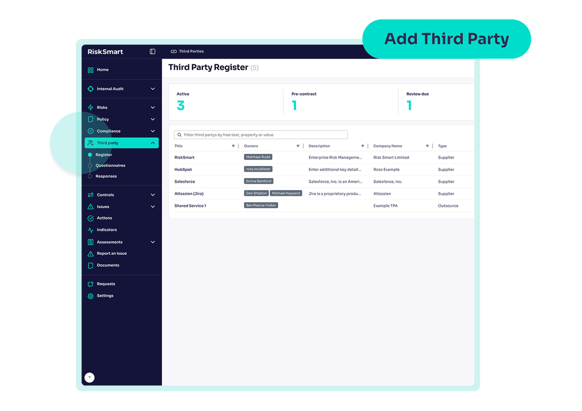 RiskSmart dashboard imagery of Third Party module