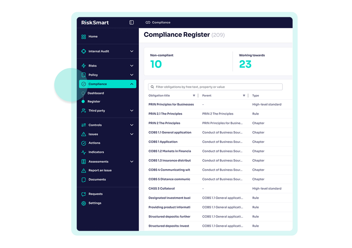 Compliance section of platform