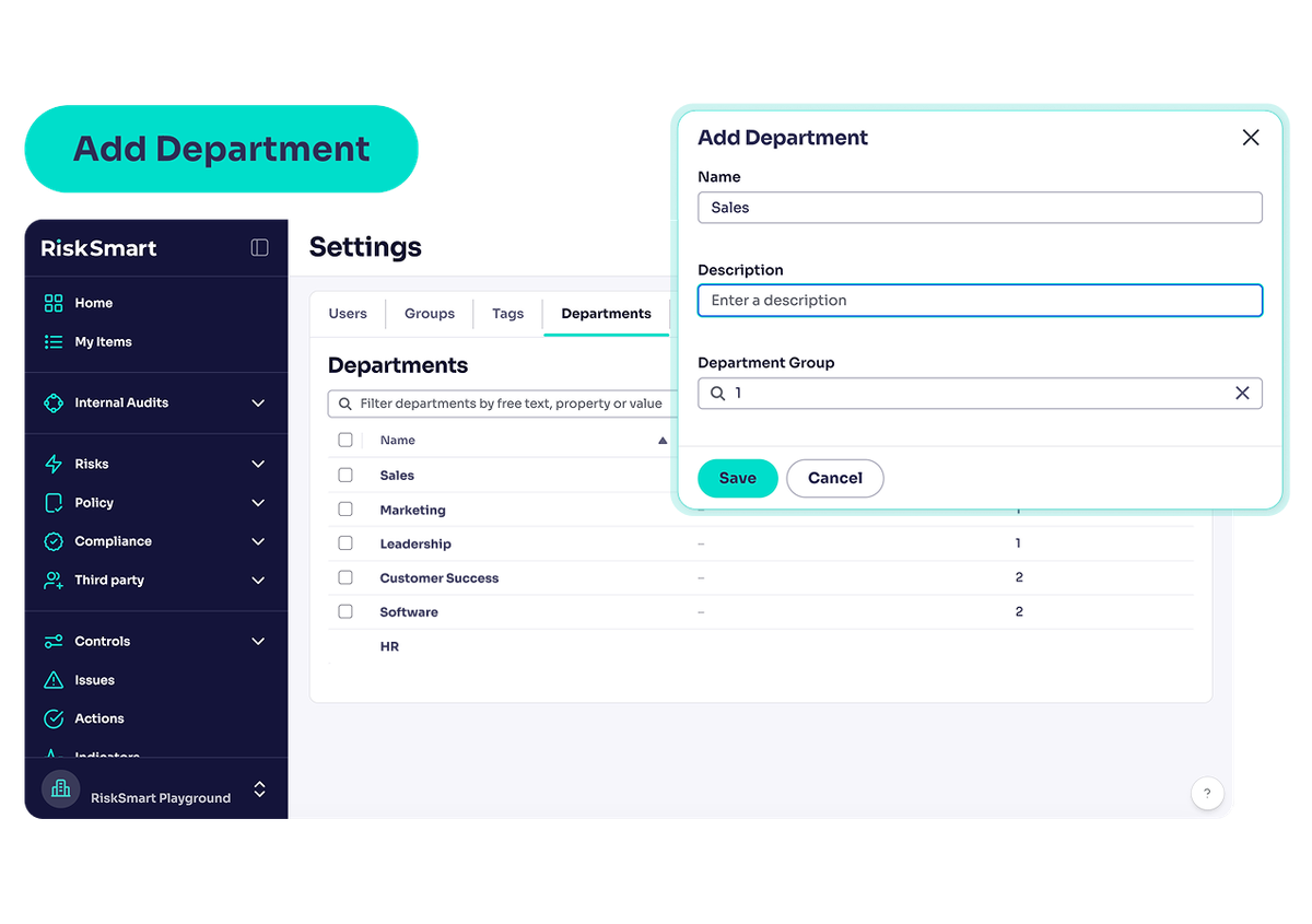 add department feature on RiskSmart platform