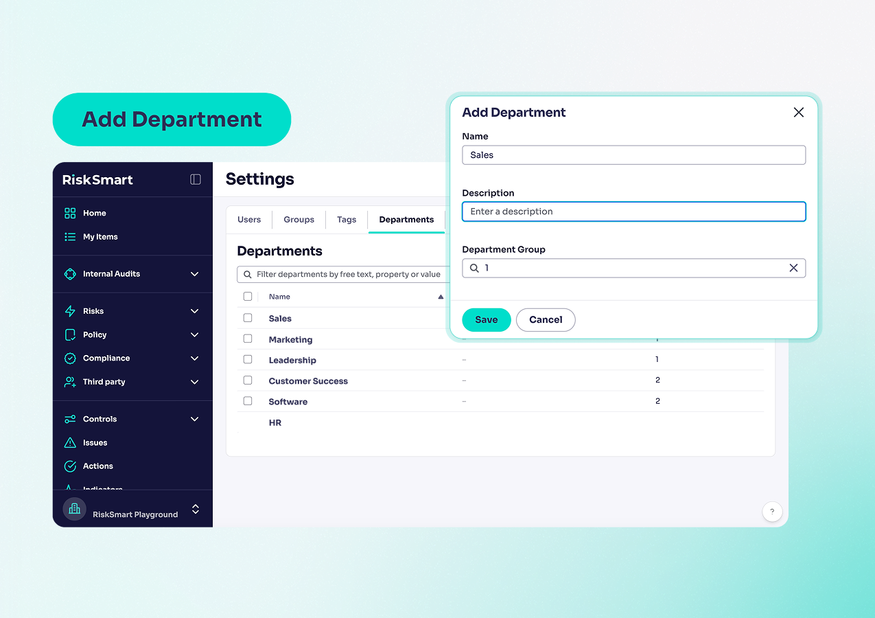 product screengrab showing add department feature
