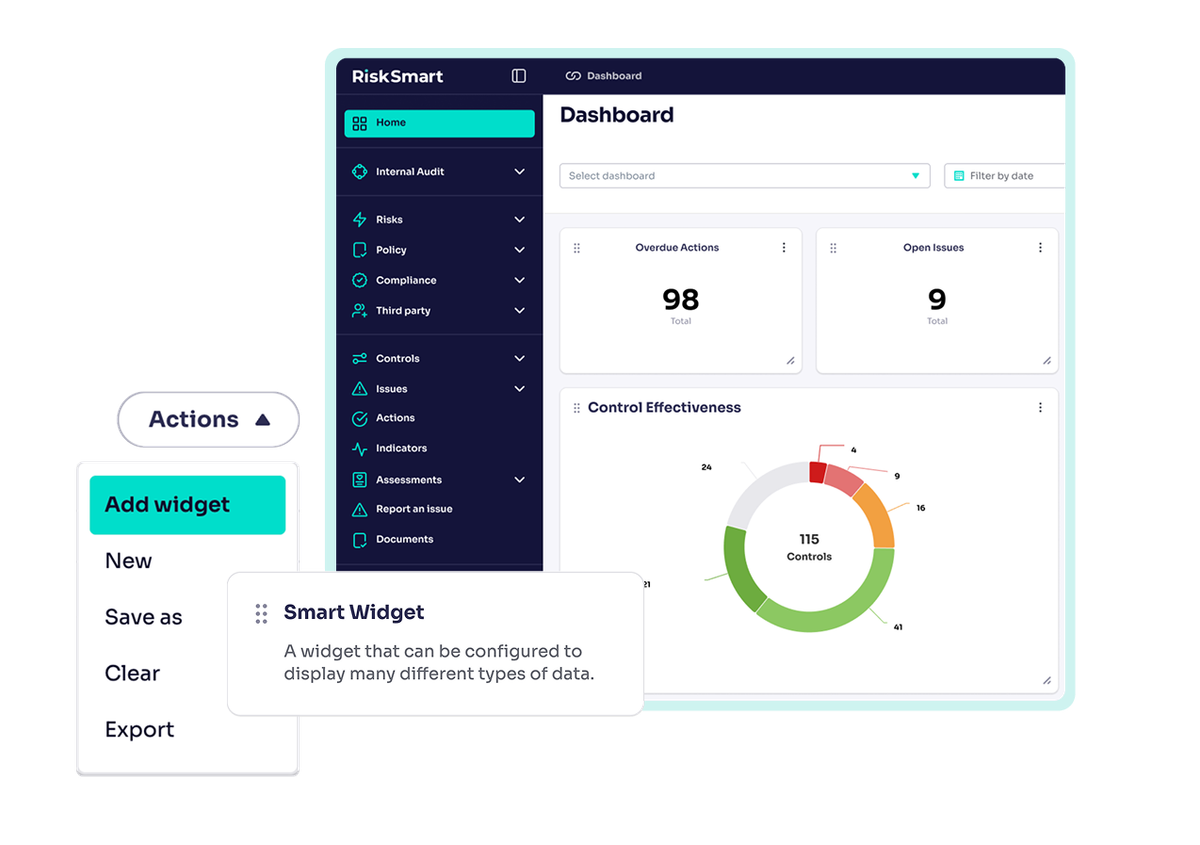 RiskSmart's dashboard with customisable widgets
