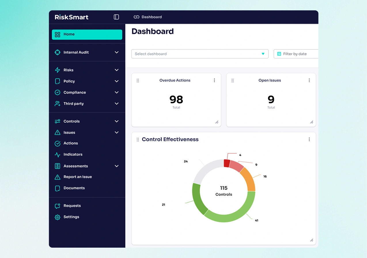 risk heatmaps pie charts and other elements from RiskSmart's reporting suite