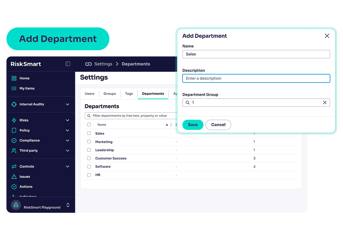 RiskSmart's user interface and how it allows you to add users and departments 