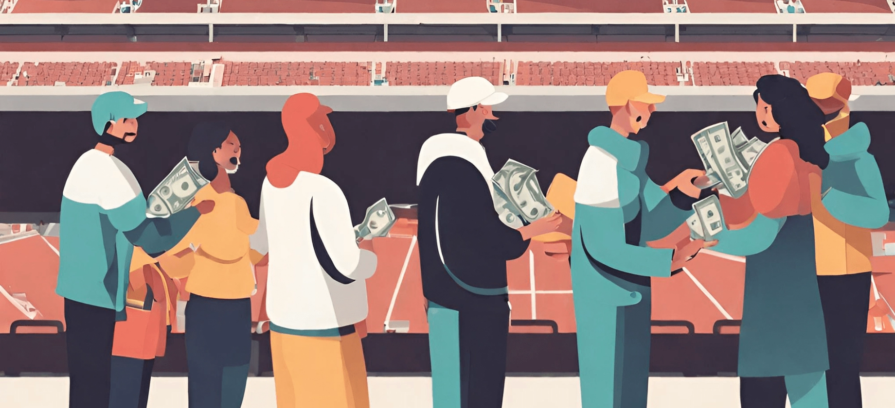 Animated image of people lining up to donate money