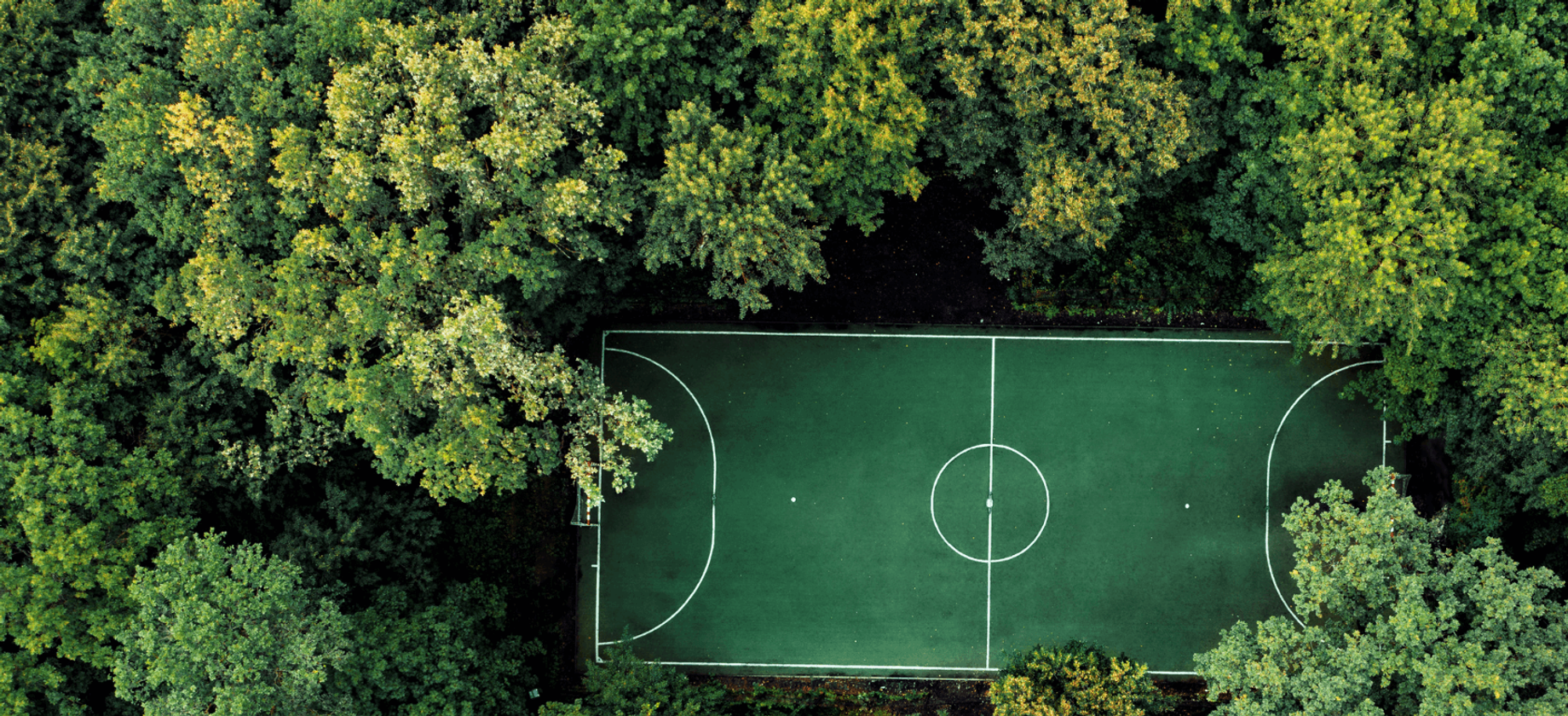 A football field in the middle of a forest