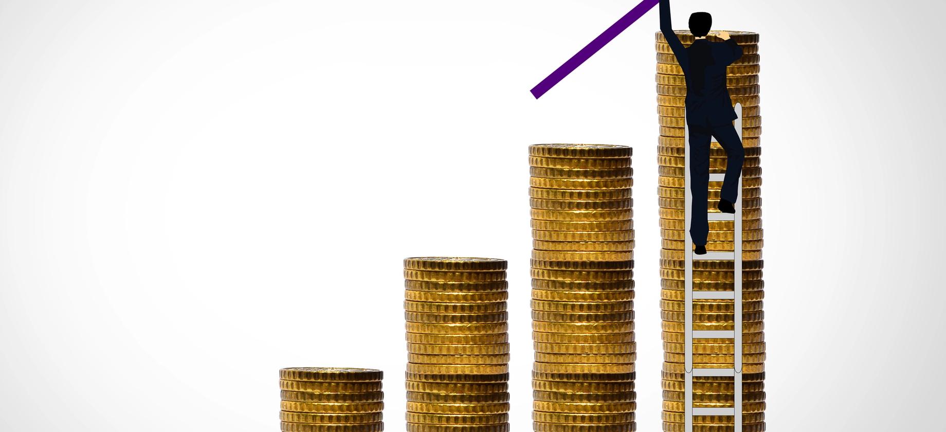 Man climbing coin stack - Money growth concept