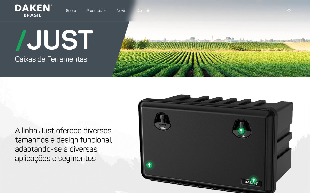 Página da linha Just no site, com a caixa de ferramentas sobre foto de lavoura.