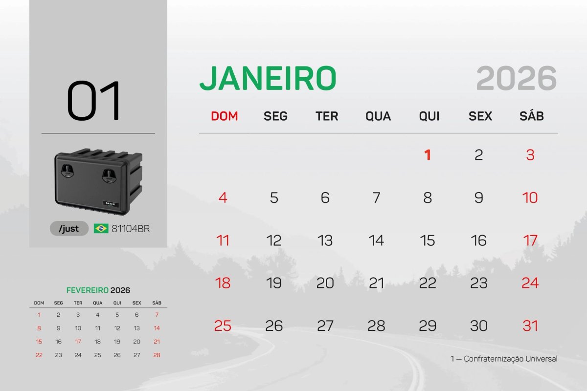 Página de janeiro de 2026 do calendário, com o produto do mês e os feriados.