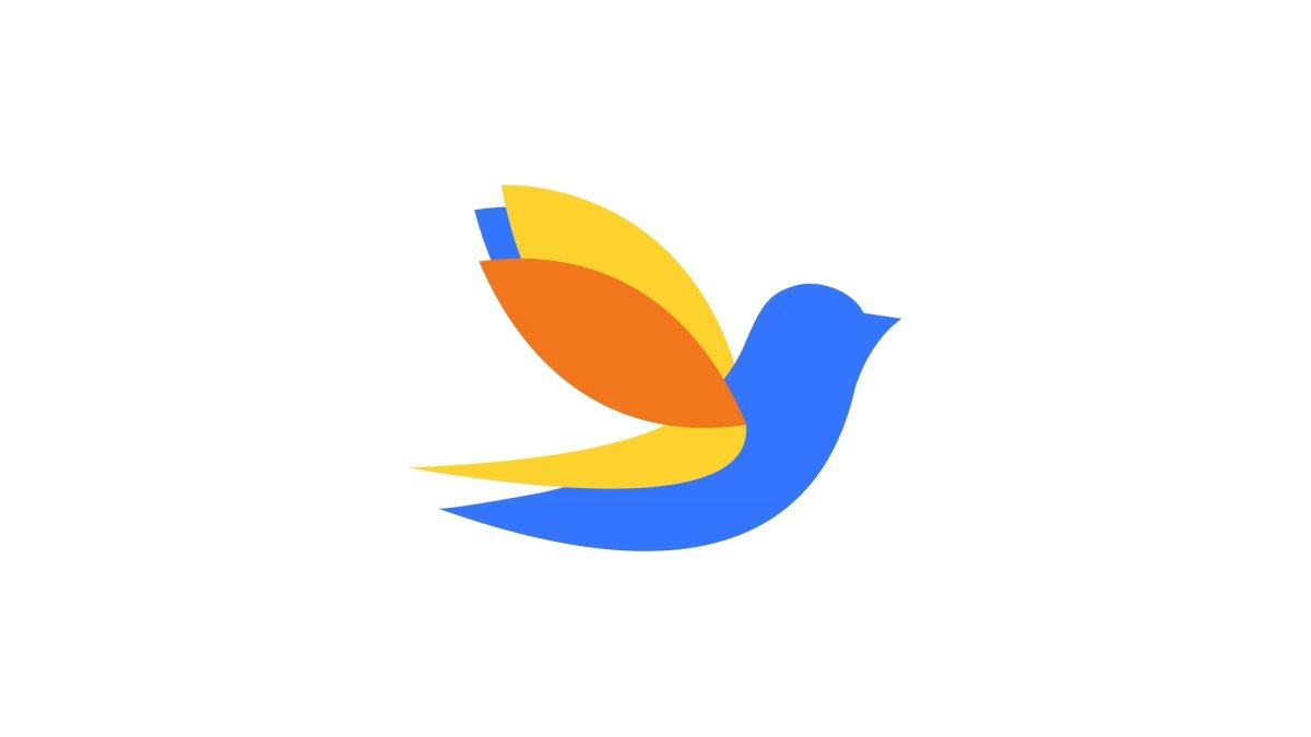 Novo símbolo da Pavan, um pássaro em camadas de azul, amarelo e laranja.