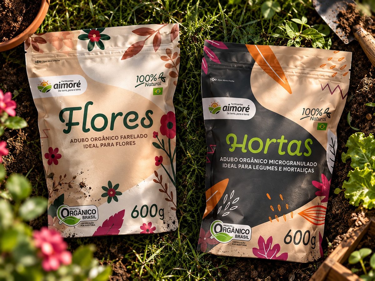 Embalagens Flores e Hortas da Aimoré sobre a grama de um jardim, entre flores e hortaliças.