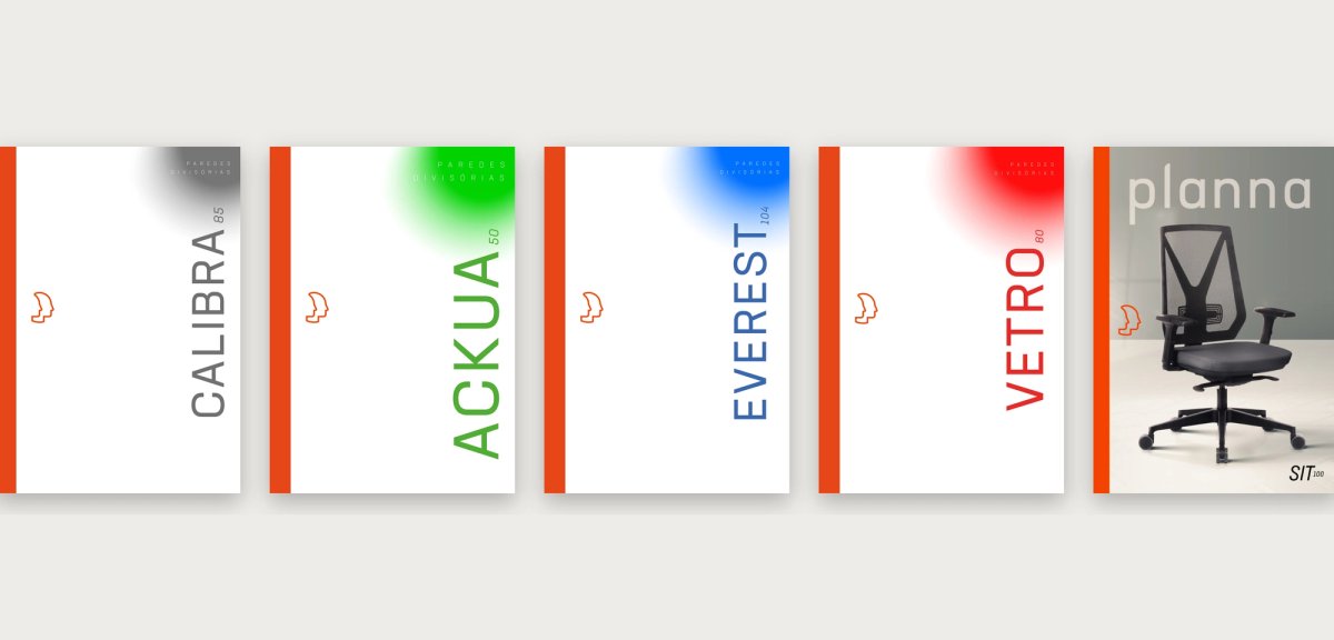 Capas dos catálogos Calibra, Ackua, Everest, Vetro e SIT lado a lado.