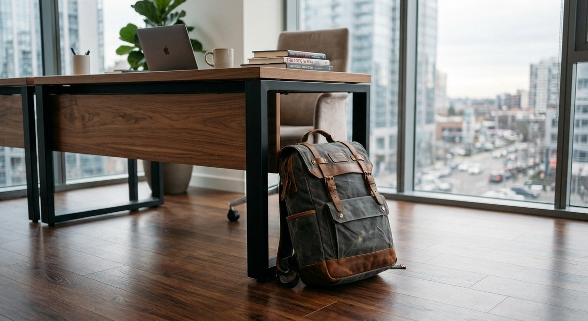 Mochila de viagem apoiada sob uma mesa de escritório, diante de janelas com vista para a cidade.